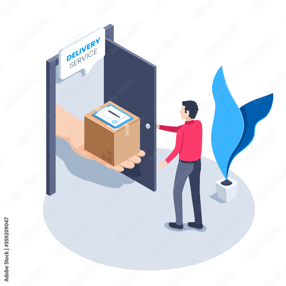 Poster isometric vector image on a white background, a man in a red shirt stands in front of an open door i
