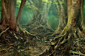 Mysterious forest with old trees, hollows, crooked roots