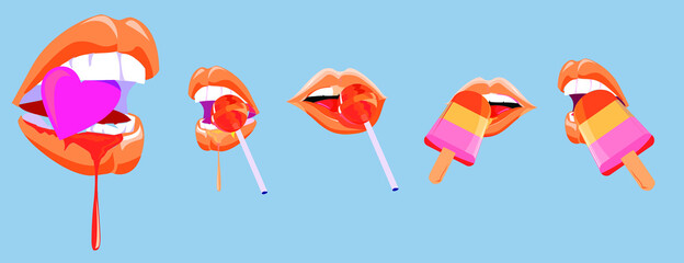 set of lips eating candy, ice cream and a heart on light blue background