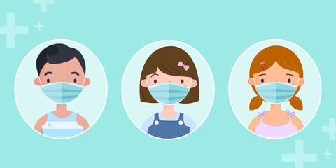 Obraz na płótnie Canvas Children wearing medical face masks to protect from Coronavirus during Covid19 pandemic and dust PM 2.5, smog or air pollution. Social distancing concept. Cartoon character vector illustration