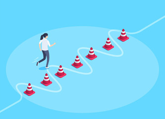 isometric vector image on a blue background, a woman runs along a given trajectory between road chips, business training