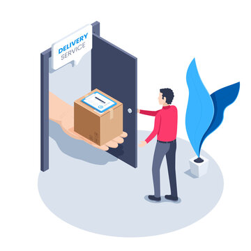 isometric vector image on a white background, a man in a red shirt stands in front of an open door in which a hand with a box and a delivery document is stuck, delivery service