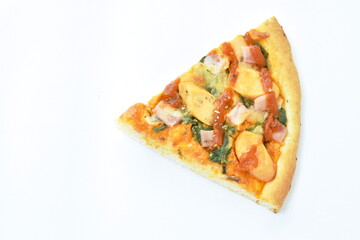 piece of Hawaiian pizza topping sausage and cheese on white background