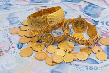 Turkish Lira TL. Turkish banknotes. 100 Turkish Lira. Hundred Turkish lira. Gold bracelet and gold money