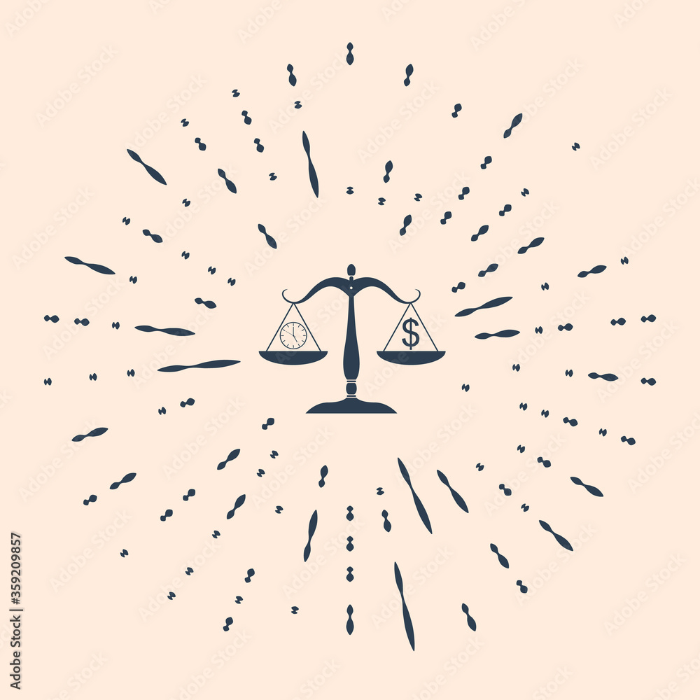 Poster black scale weighing money and time icon isolated on beige background. scales with hours and a coin.