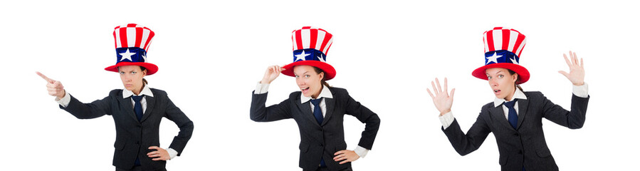 Young woman with american symbols on white