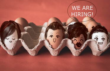 Faces on the eggs, we are hiring, looking for teammate, funny  recruitment business concept