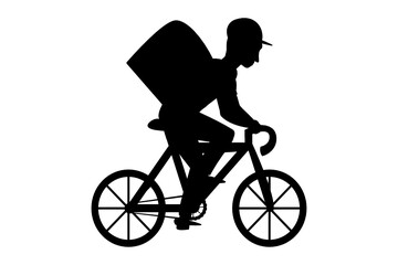 A silhouette of a man in a cap who rides a bicycle. Delivery service worker with backpack isolated on a white background. Flat vector illustration.