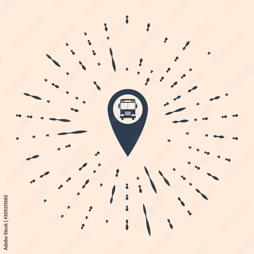 Poster black map pointer with bus icon isolated on beige background. abstract circle random dots. vector il