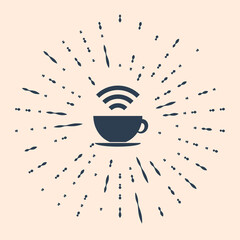 Black Cup of coffee shop with free wifi zone icon isolated on beige background. Internet connection placard. Abstract circle random dots. Vector Illustration.
