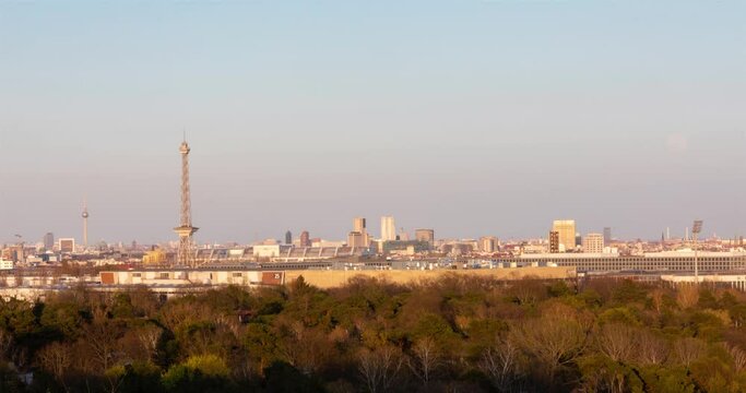 Sunset timelapse panorame of Berlin Germany skyline seen from Drachenberg