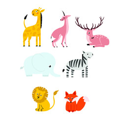 Fototapeta premium Elephant. Giraffe. Lion. Antelope. Fox Zebra. Deer. Children's and cute animal illustration. Vector graphics.