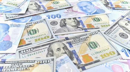 Fototapeta na wymiar Turkish lira and American dollar background