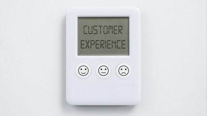 Customer experience concept with digital clock with different expressions of satisfaction printed three buttons
