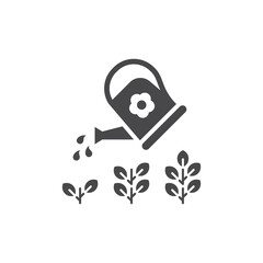 Watering can with plant, growth stages concept. Business development or gardening black vector icon, 