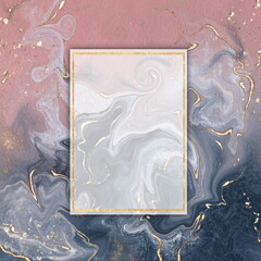 Pink and gray banner template with marble texture and gold frame. Abstract artistic background