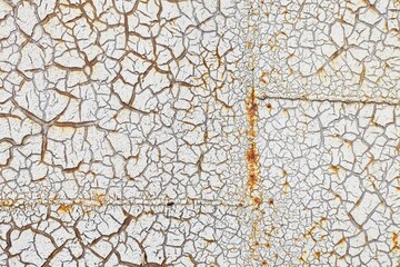 White cracked paint is applied to a rusty surface