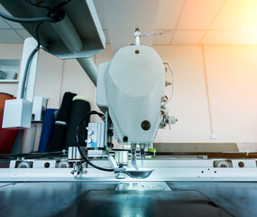 Fabric industry production line. Textile factory. Working tailoring process