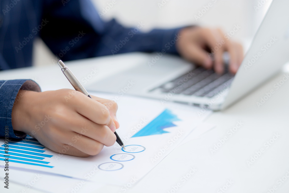 Poster hand of business man pointing document data graph and chart with pen, marketing and investment, repo