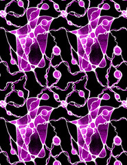 Abstract repeating pattern containing abstract forms and curved lines. Manual graphics. 