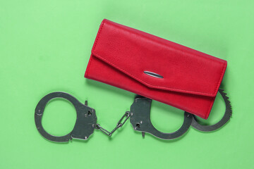 Steel handcuffs with red leather wallet on green background. Theft, criminal concept.