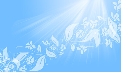 Fototapeta na wymiar edler Hintergrund blau weiß, Pastell sonniges Leuchten Licht Sonnenschein Strahlen, Blätter Ranken floral am Rand luxuriös zeitloses Design oder einfach nur elegant Layout Vorlage