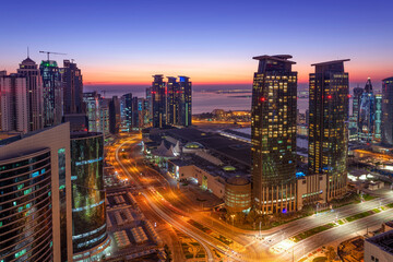 Fototapeta na wymiar Photoshop color grade Panoramic Cityscape of West bay Area. Marriott Marques Hotel Doha