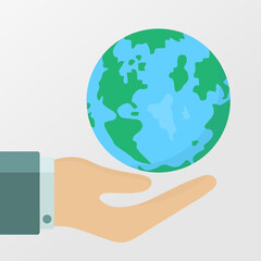 Planet in human hands. Hand palm and planet Earth. Ecology, environment issues, pollution concepts. Vector illustration