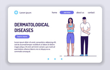 Dermatological diseases web banner. Girl with vitiligo and guy with skin rash. Isolated cartoon characters on a white background. Concept for web page, smm, ad, site. UX UI GUI design