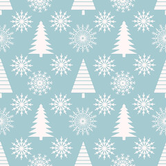 Fototapeta na wymiar Christmas seamless pattern. Snowflakes, trees. Winter vintage background texture. Wallpaper