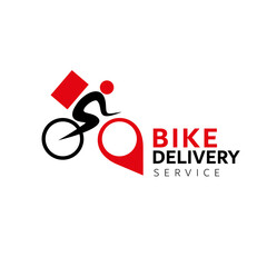 Bike delivery service logotype concept design. Map tag bike and cyclist delivery man with bag. Editable EPS vector