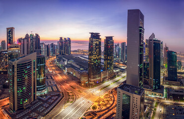 Fototapeta na wymiar Photoshop color grade Panoramic Cityscape of West bay Area. Marriott Marques Hotel Doha