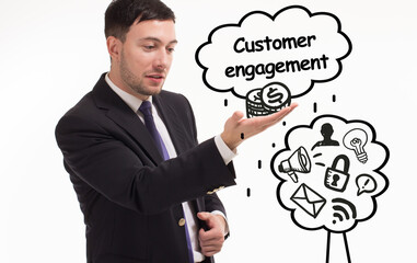 Business, technology, internet and network concept. Young businessman thinks over the steps for successful growth: Customer engagement