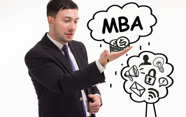 Business, technology, internet and network concept. Young businessman thinks over the steps for successful growth: MBA