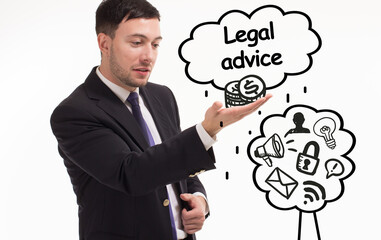 Business, technology, internet and network concept. Young businessman thinks over the steps for successful growth: Legal advice