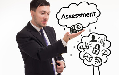 Business, technology, internet and network concept. Young businessman thinks over the steps for successful growth: Assessment
