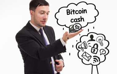 Business, technology, internet and network concept. Young businessman thinks over the steps for successful growth: Bitcoin cash