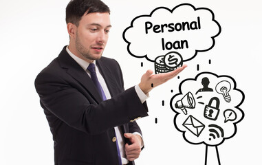 Business, technology, internet and network concept. Young businessman thinks over the steps for successful growth: Personal loan