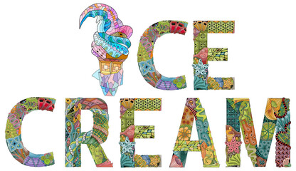 Words ICE CREAM with ice cream in a waffle cone. Vector zentangle object for decoration