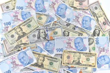 Fototapeta na wymiar Turkish lira and American dollar background
