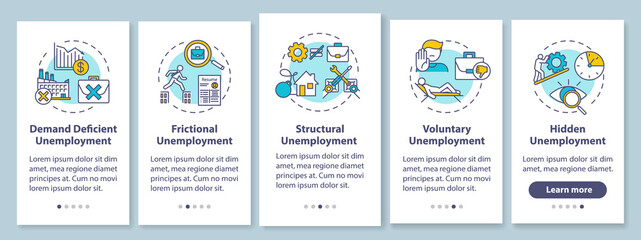Unemployment types onboarding mobile app page screen with concepts. Job crisis, labor market problem walkthrough five steps graphic instructions. UI vector template with RGB color illustrations