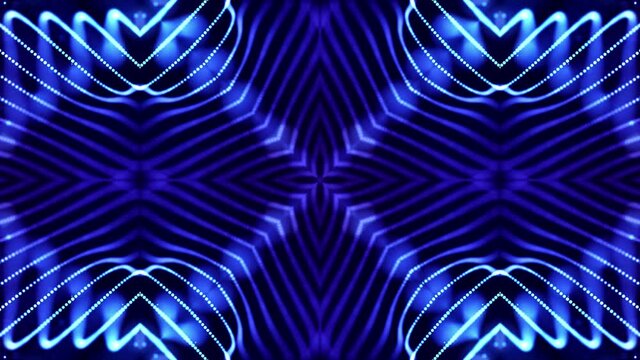 4k looped sci-fi 3d background with light effects. Glow blue particles form lines, surfaces, complex symmetrical structures like in kaleidoscope. Abstract theme of microworld or nanotechnology 1