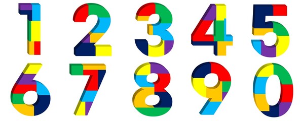 3D TEXT MADE OF RAINBOW COLORED BLOCK TEXT SET 0 TO 9 NUMBER 