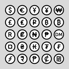 Currency sign vector icons set. Money currency icons.
