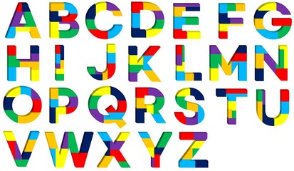 3D TEXT MADE OF RAINBOW COLORED BLOCK TEXT SET A TO Z ALPHABET