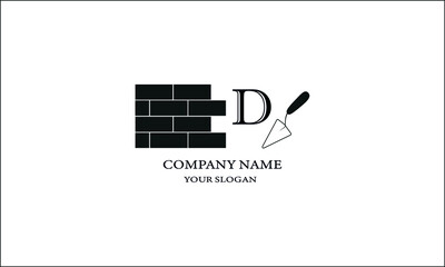 Construction logo design with letter D. Vector icon of brickwork and construction trowel. Monogram for construction organization, shop, office