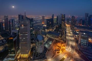 Fototapeta na wymiar Beautiful Sky line view of after sunset. West bay Financial Hub of Doha City