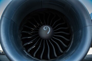 A closeup of a large jet engine.