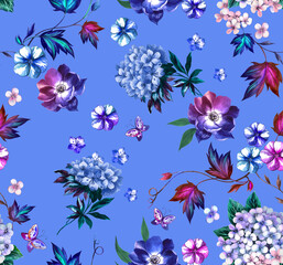 Watercolor fashion floral pattern with hydrangea and loach flowers , butterflies and with on blue background.