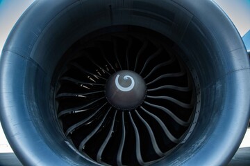 A closeup of a large jet engine.